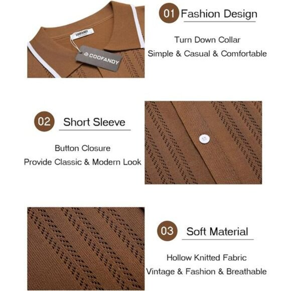 Mens Knit Button Down Shirt Short Sleeve Polo Casual Slim Fit Beach Top - Picture 5 of 7